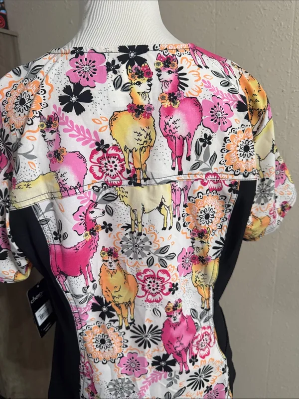 Cherokee V-Neck Scrub Top in Pink, Yellow & Black Floral llama Print - Image 6