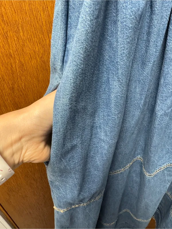 Free People Pretty in Pleats Indigo Blue Denim Raw Hem Midi Dress Medium $148 - Image 11
