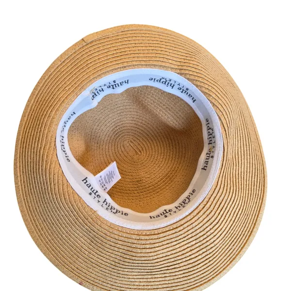 Haute Hippie Tan Straw Sun Hat‎ Blue Chiffon Ribbon Bow UPF 50 Wide Brim - Image 6