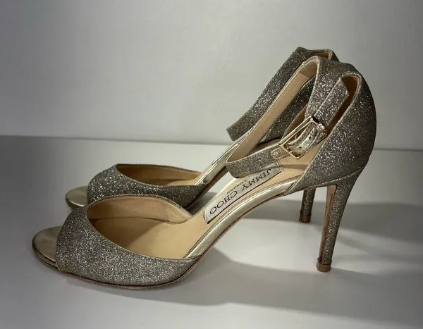 Jimmy Choo Annie D'Orsay Ankle-Strap Glitter Sandals Heels - Image 9