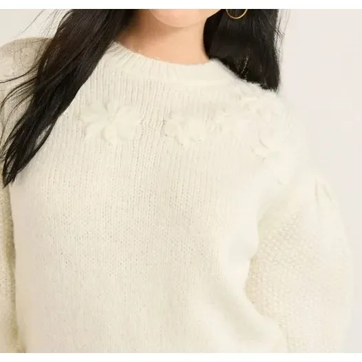Free Assembly Womens Sweater Size S Cream Floral Embroidered Blouson Sleeve Knit - Image 6