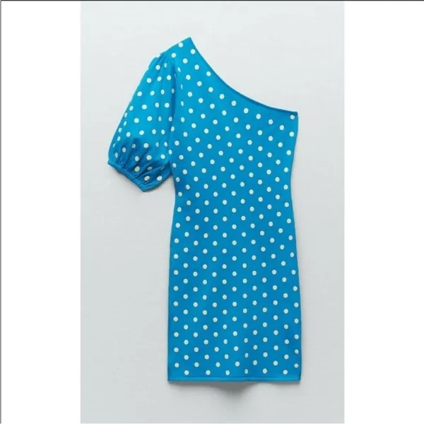 ZARA // turquoise polka‎ dot 1 puff shoulder knit size L - Image 3
