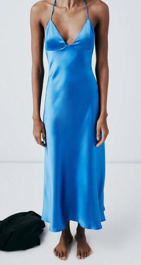 Zara Dress Cobalt Blue Satin Effect Maxi Midi Wedding Party Date Coctail - Image 13