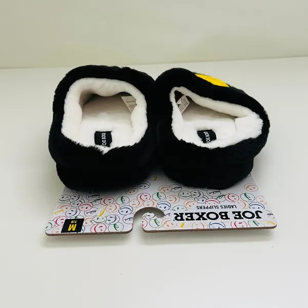 JOE BOXER Black Yellow Mr. Winkey Smiley Face Faux Fur SlipOn Slippers - M (7-8) - Image 5