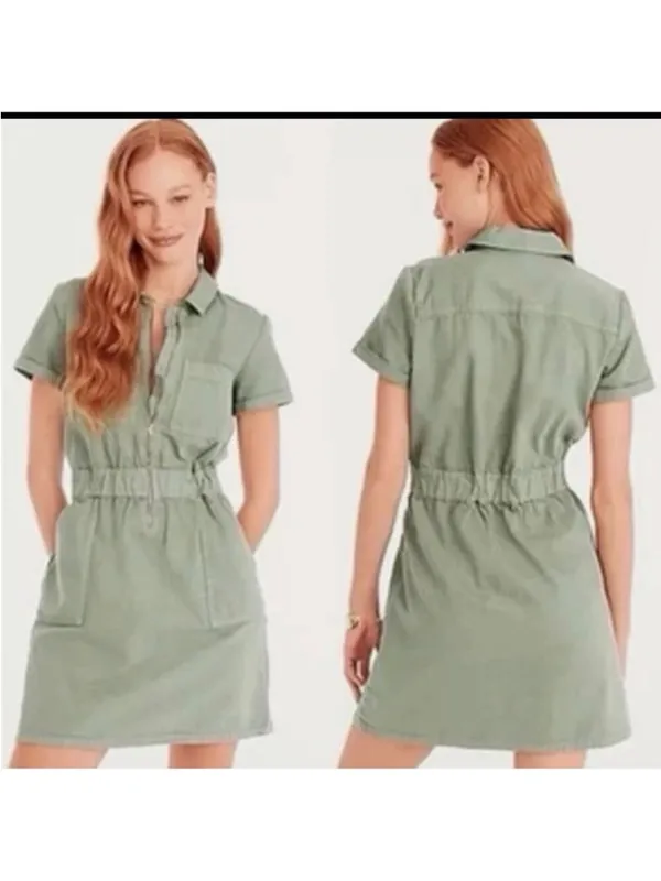 J.Crew Utility Shirt Dress‎ Size 8 Green Zip Front - Image 2