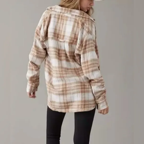 American Eagle Brown Tan Plaid Oversized‎ Button Down Top - Image 5