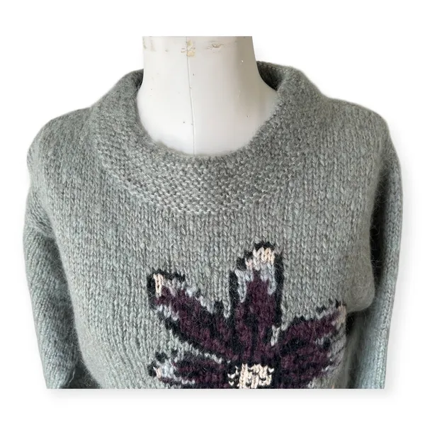 Garnet Hill Chunky Green Mohair Wool Hand Knit Sweater Floral Women's Small Cozy - Image 4