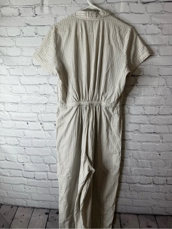 Madewell Cream and Navy Striped Button-Up jumpsuit wide leg size large - Image 10