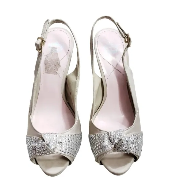 Miss America Champagne Satin Rhinestone Knot Slingback Peep Toe Heels Size 7M - Image 2