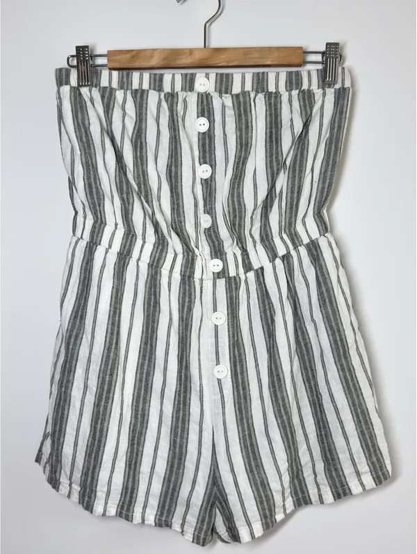 Urban Outfitters Strapless Linen Blend Striped Romper Pockets Size M - Image 2