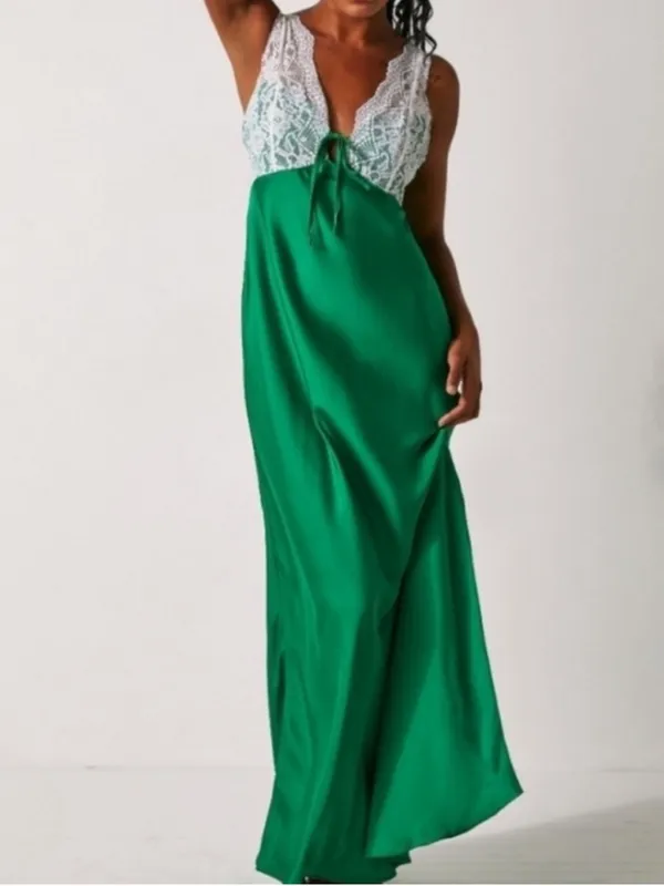 Free People FP Women’s Countryside White Green Satin Maxi Slip Dress Size Large - Image 2