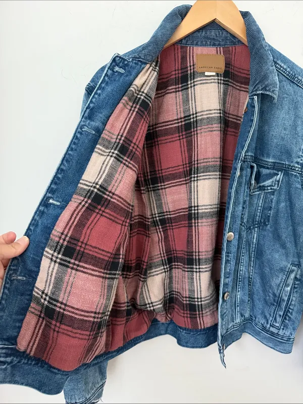 American Eagle Plaid Lined Denim Trucker Jacket XL 🔴 - Image 4