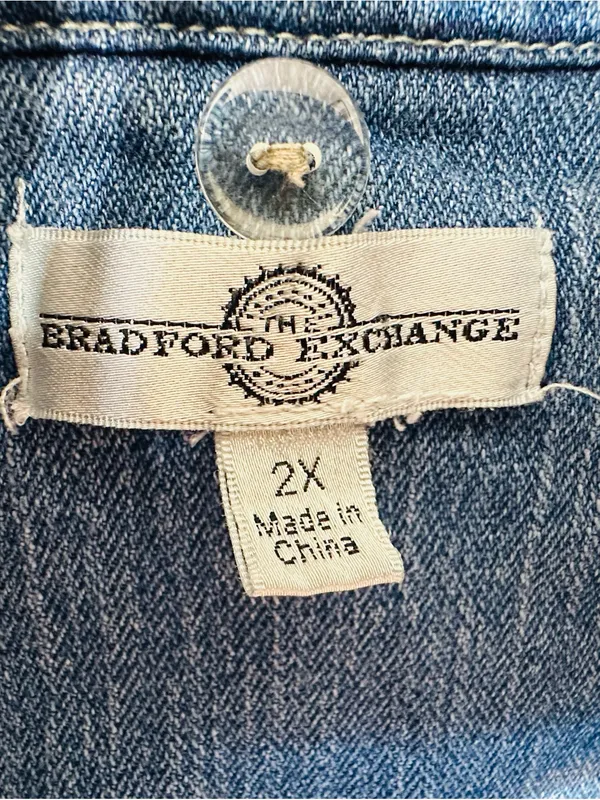 Denim Jacket with Grey Knit Sleeves and Flag Patch Blue Size XXL - Image 5