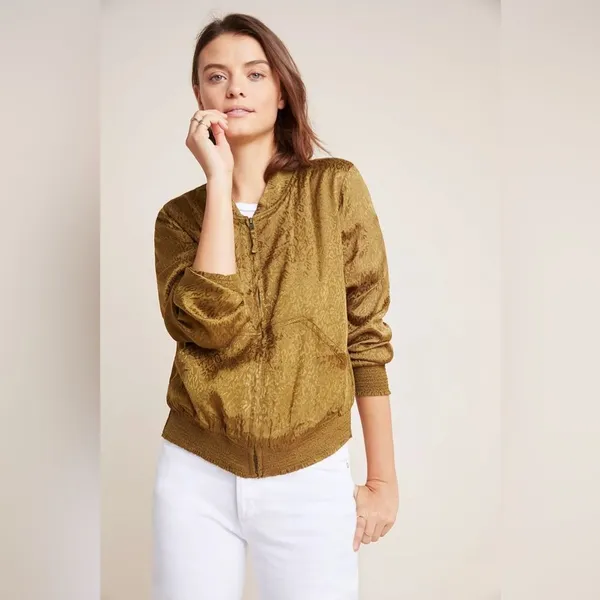 Anthropologie Maeve Silky Front Zip Pockets Smocked Accents Bomber Jacket S - Image 2