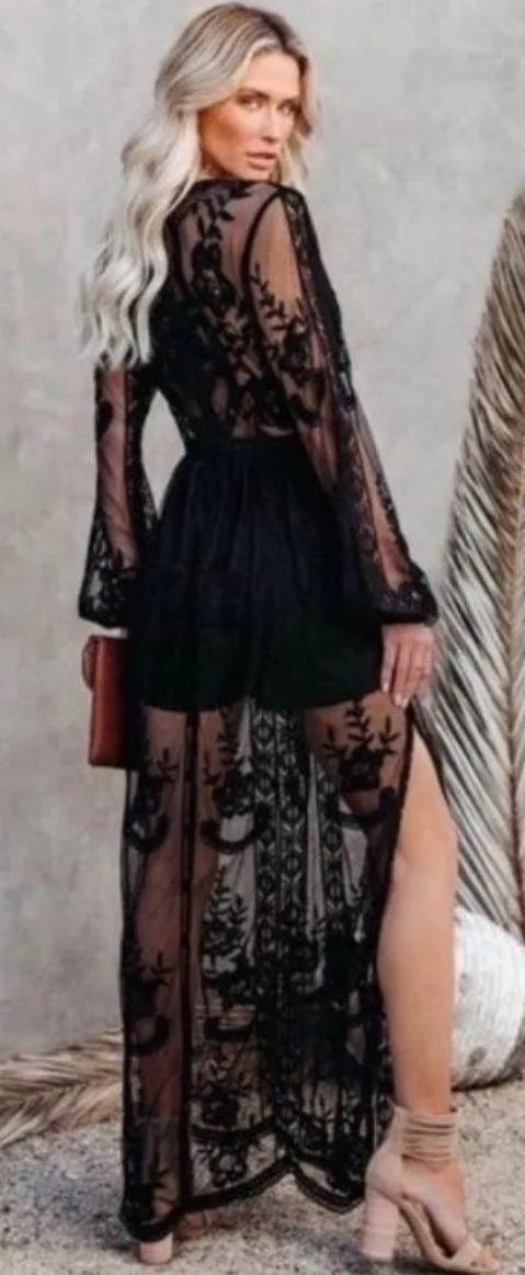 Boutique NEW Black Lace V-neck Long Sleeve Boho Maxi Dress - Image 5