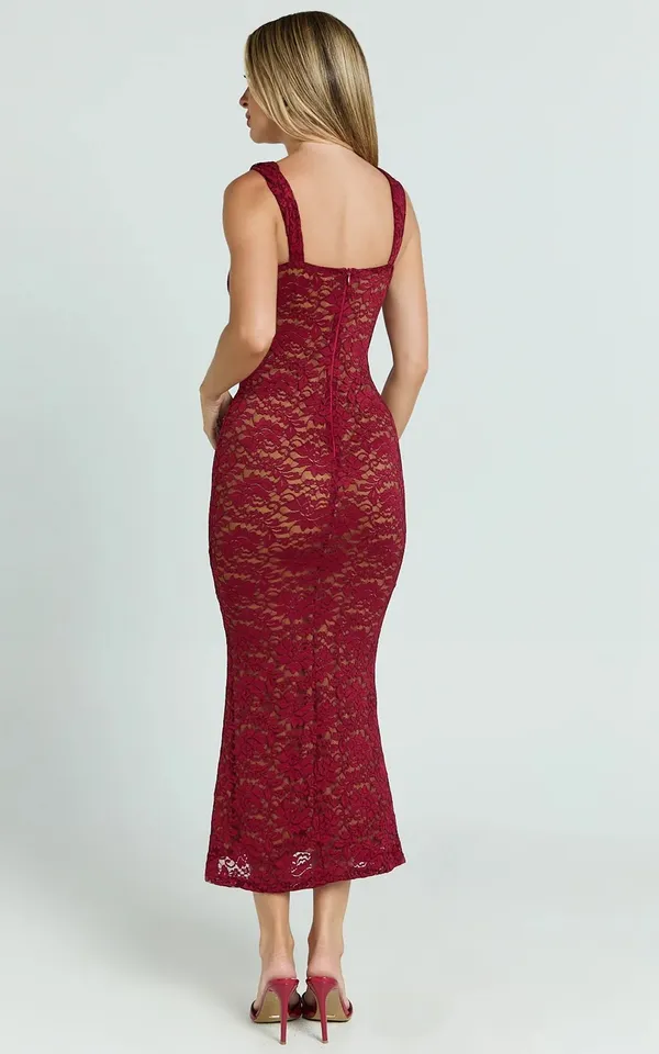 Showpo Collette Wine Red Lace Midi Dress - Image 4