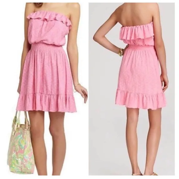 Lilly Pulitzer Tube Dress Medium Pink Ruffle Smocked Polka Dot‎ Strapless Cotton - Image 2