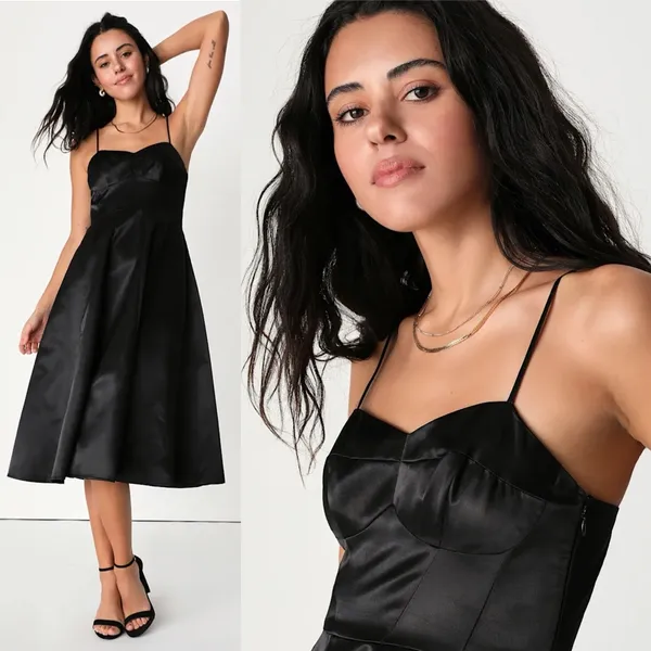 Lulus Something To Celebrate Black Satin A-Line Midi Dress With Pockets - Image 3