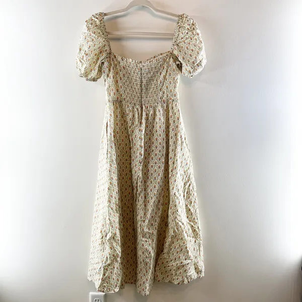 O.P.T Square Neck Short Puff Sleeve Floral Cotton Lined Midi Dress Cream Large - Image 5