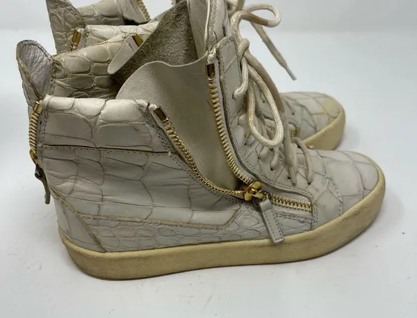 Giuseppe Zanotti Sz 5 EUR 36 Croc Embossed Leather High Top Sneakers Cream Gold - Image 3