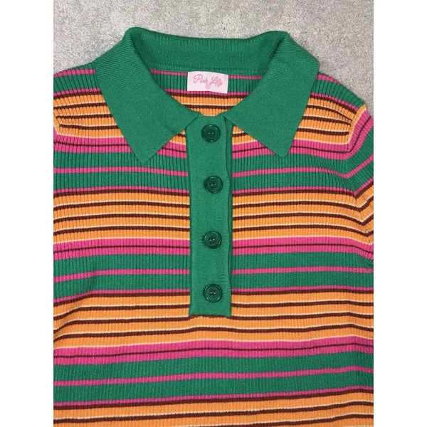 pink lily‎ striped collared ribbed long sleeve bright green pink M - Image 2