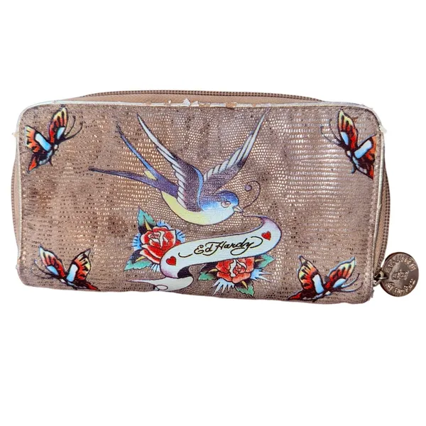 Ed Hardy gold Tattoo Art Water Lily flower Peace Bird Distress Wallet Clutch Bag - Image 2
