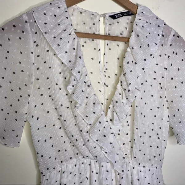 Zara White Black Polka Dot Ruffle Wrap Romper Size M - Image 5
