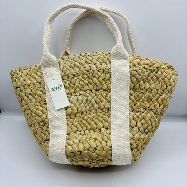 Aerie Tan Straw Handbag New Drawstring Lined Summer Beach Tropical Vacation - Image 3