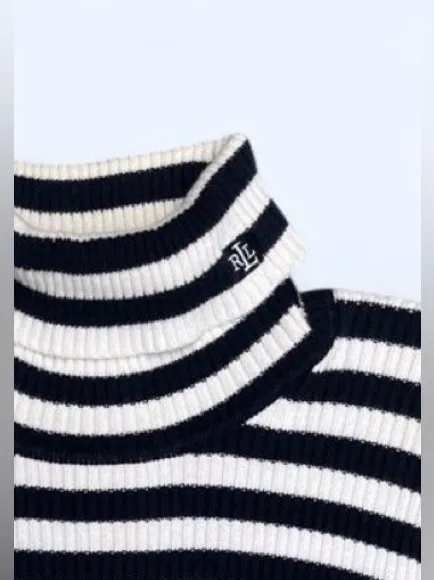 Lauren Ralph Lauren Striped Blue and white Turtleneck Sweater nautical coastal M - Image 5