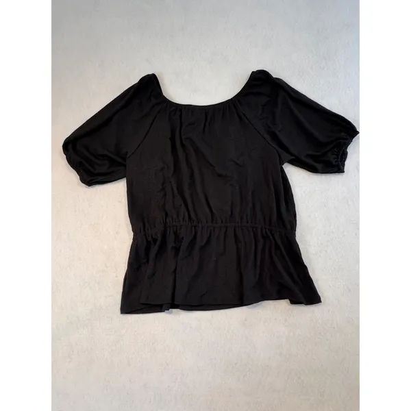 Nine West Womens XL Mineral Black Square Neck Puff Sleeve Smocked Peplum Top NEW - Image 2