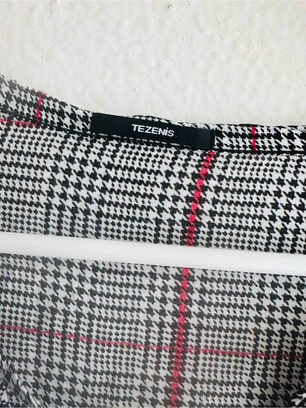 Gray Plaid Long-Sleeve Drawstring Waist Dress - Image 5