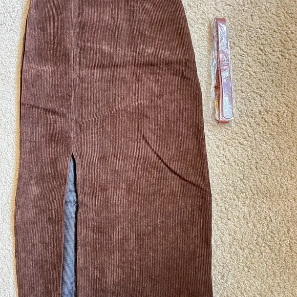 Corduroy Midi Skirt Women Small Brown New High Waist Front‎ Slit with Belt xxs - Image 6