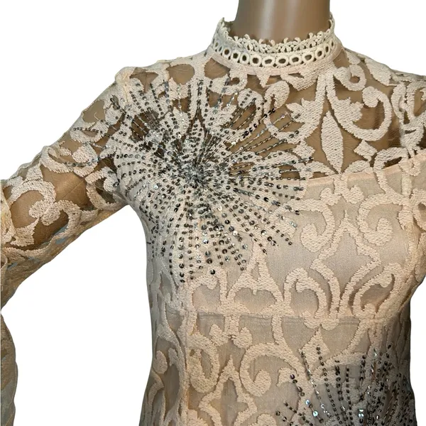 Free People Ivory Mini Lace North Star Sparkly Sequin Dress.Size M - Image 6