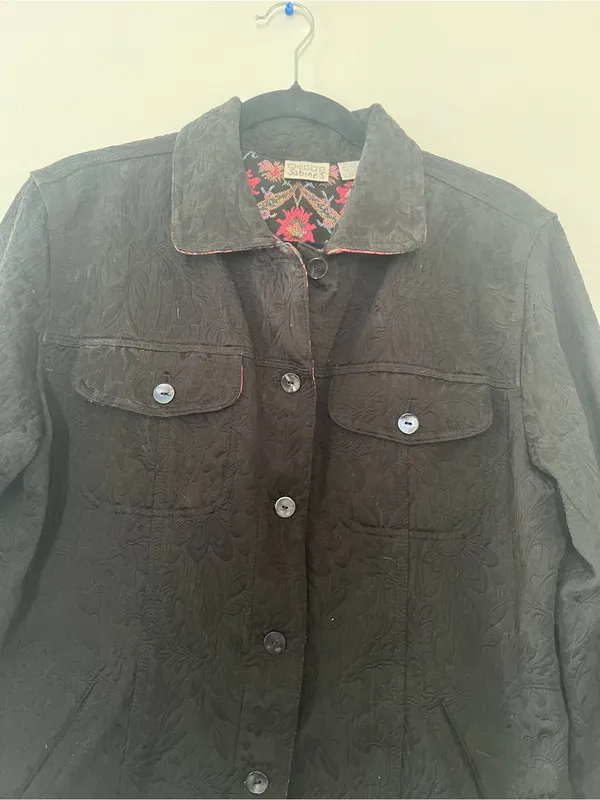 Chicos Black Textured Blazer Jacket Medium Festival Artsy Boho Embroidered - Image 3