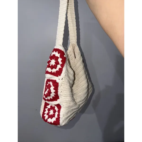 Crochet Granny Square Shoulder Tote Bag Red Beige Handmade Afghan Boho L‎ - Image 2