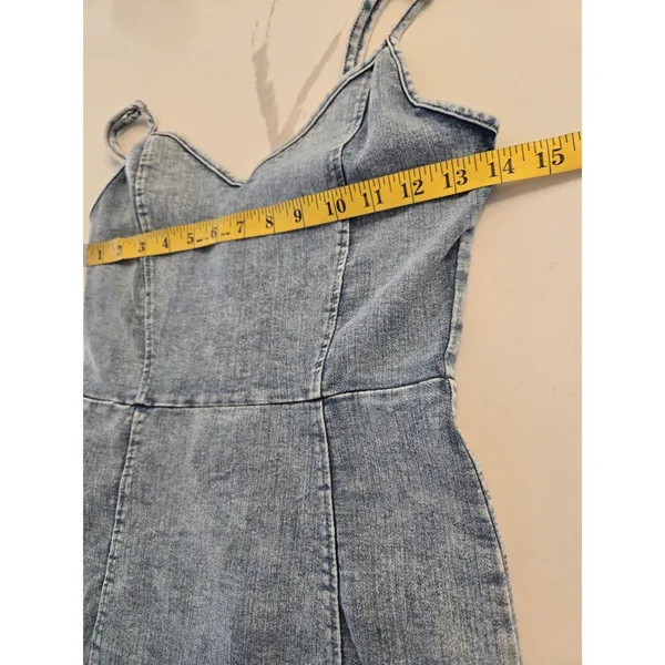 Iris Acid Wash Denim Mini Dress Spaghetti Strap V Neck Zip Back Women Size M Y2K - Image 8