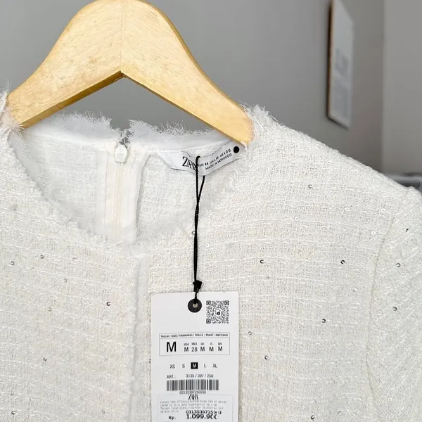 NWT❗️ZARA Elegant White Tweed Short Cutted Dress ZW Collection Mini Ivory Size M - Image 6