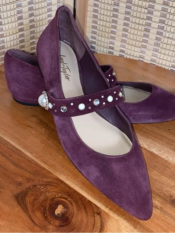 Lord & Taylor Designer Merlot Suede Pointed Mary Jane Flats with Studded Straps - Image 2
