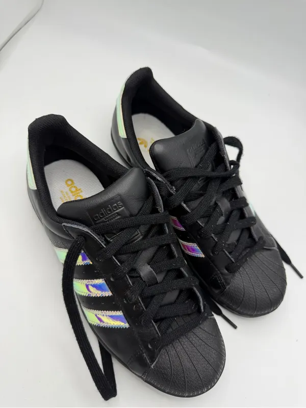 adidas Black Superstar Sneakers with Iridescent Stripes Size 7.5 - Image 6