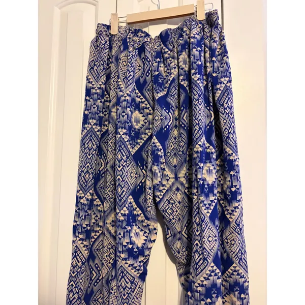 Blue & Cream Geometric Print Harem Pants |‎ Elastic Waist | Lightweight Boho - Image 5