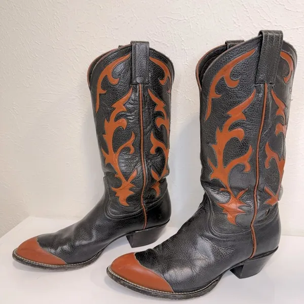 Vintage Tony Lama Cognac & Black Leather Inlay Cowboy Boots Size 7 RARE - Image 4