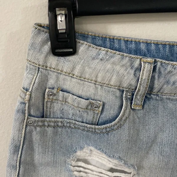 BDG UO Super high rise cheeky denim shorts light wash distressed fringed hem 29 - Image 3