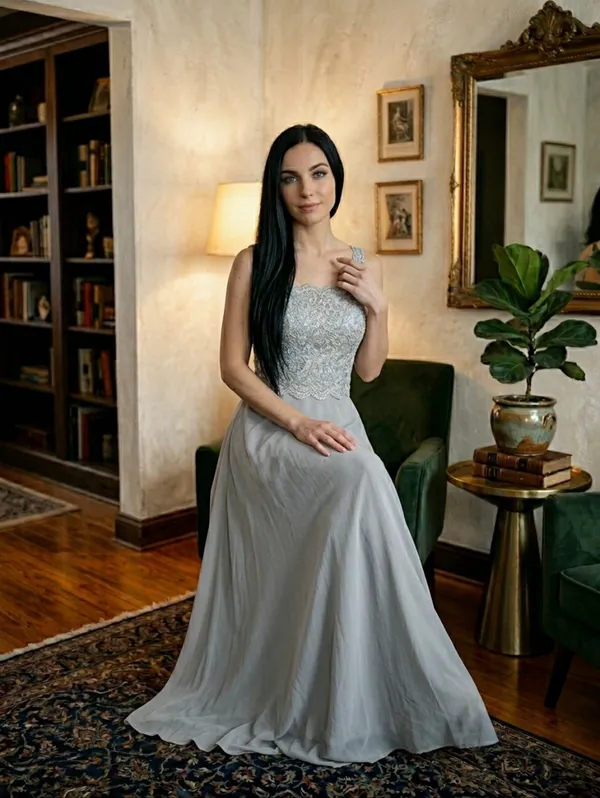 NWT Marina Silver/Grey Lace Chiffon Long Gown Size 6 | Elegant Wedding Guest - Image 3