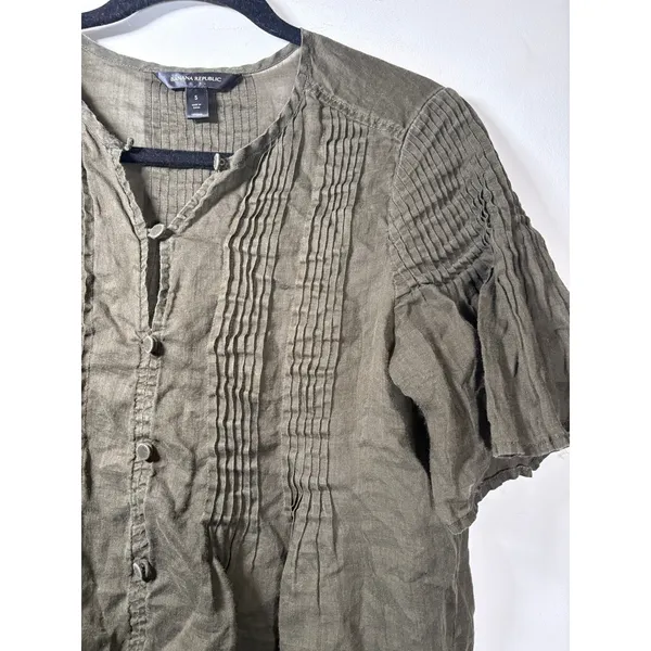 Banana Republic Top Olive Green Ramie Pintuck Pleated Button Down Earthy Small - Image 4