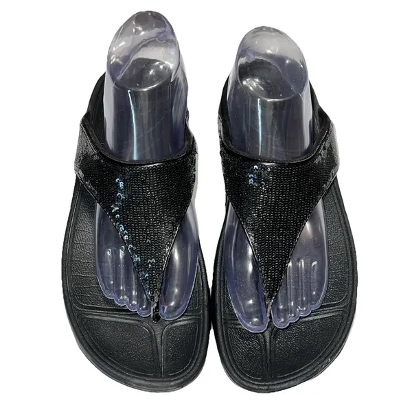 FitFlop Women 9 Black LULU Sandal Sequin Sparkle Toe-Post Wedge‎ Thong Comfort - Image 2