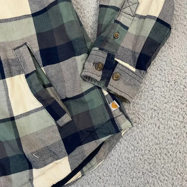Carhartt Fleece Lined Flannel Shirt Women S Green Plaid Workwear Button Shacket - Image 2