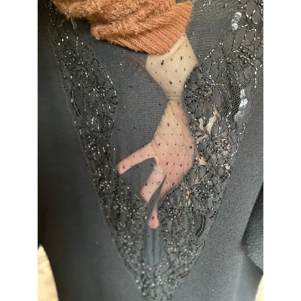 Vintage Black Beaded Lace‎ Maxi Dress Lambswool Old Money Evening Gown Black Tie - Image 4