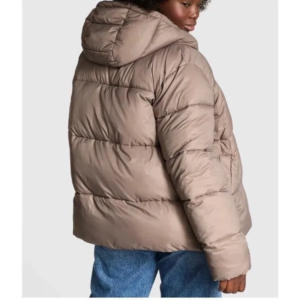 Victoria's Secret PINK Marshmallow Puffer Jacket Taupe Hooded Coat Large - Image 2