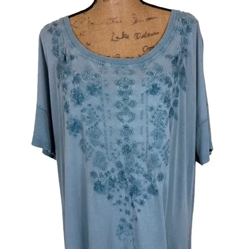 Caite Blue Embroidered Cotton Maxi Dress Short Sleeve Boho Lagenlook Size 1X - Image 4