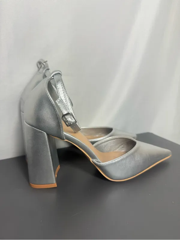 Silver Pointed-Toe wedding party elegant Block Heel Ankle Strap Pump Size 39 - Image 5